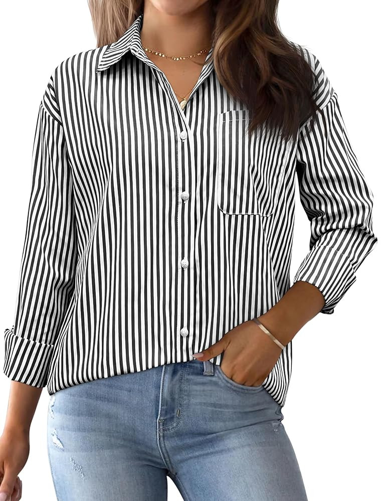 AISEW Womens Button Down Shirts Striped Classic Long Sleeve Collared Office Work Blouses Tops wit... | Amazon (US)