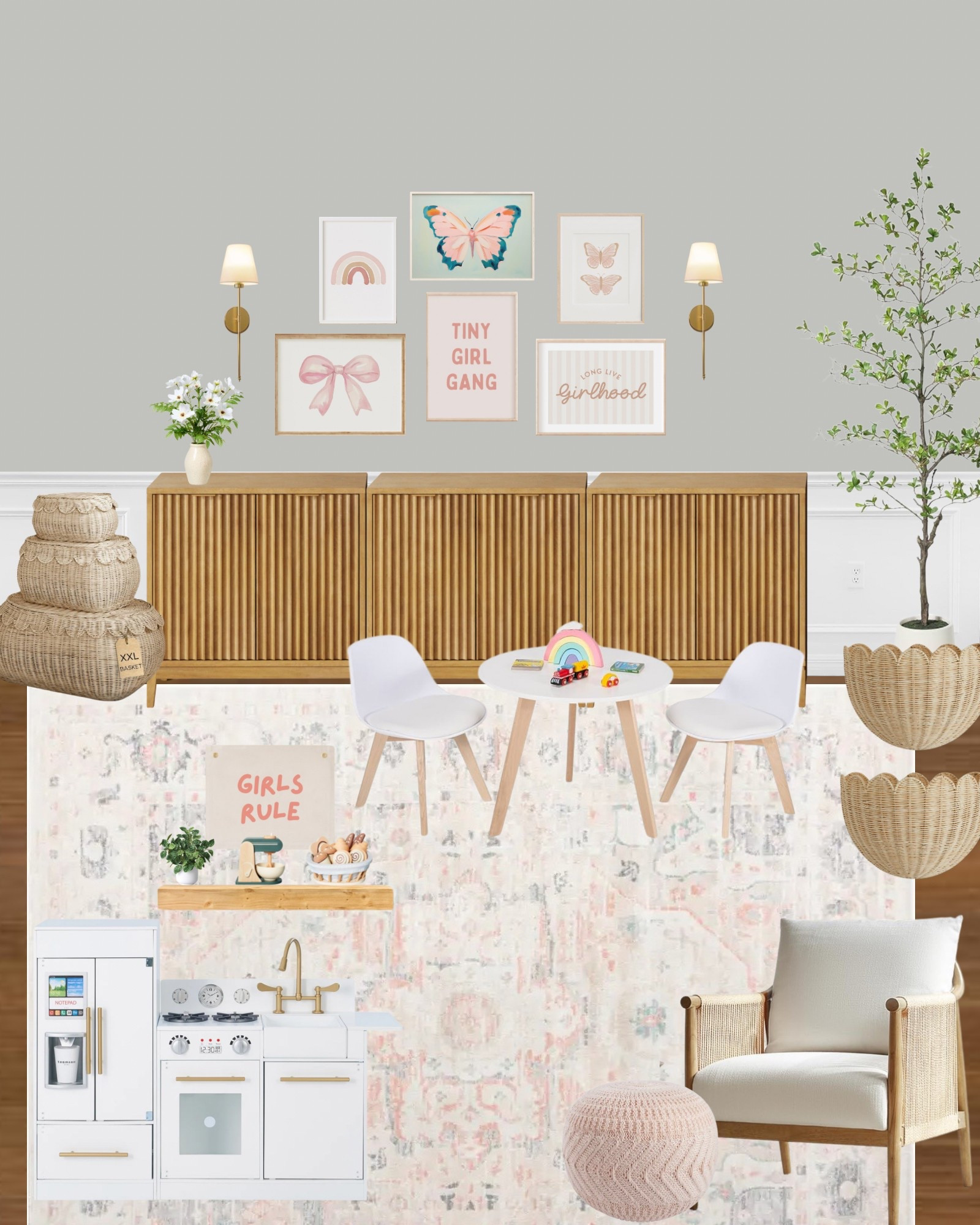 Girls playroom, playroom storage, play kitchen, kids table and chairs, playroom cabinets, playroom gallery wall

#LTKFamily #LTKKids #LTKHome