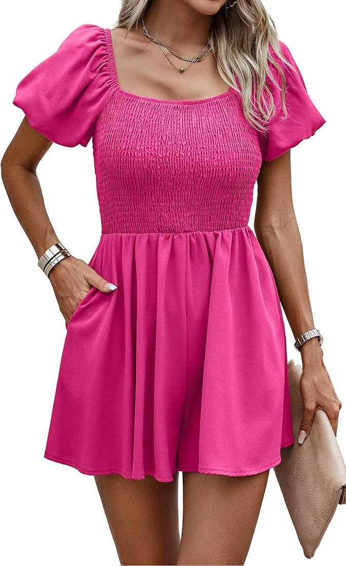 CCTOO Womens Rompers Smocked High Waist Ruffle Sleeves Short Outfits Jumpsuits with Belt | Amazon (US)