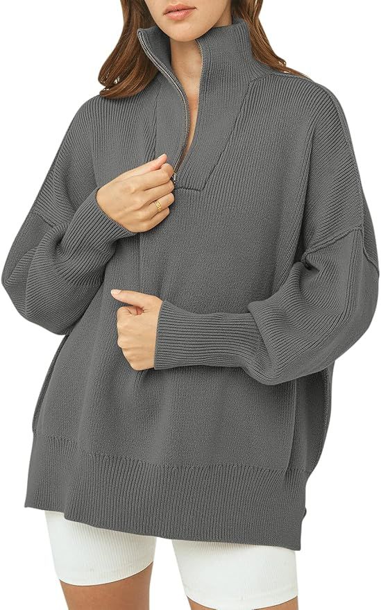 ANRABESS Women's Long Sleeve 1/4 Zipper Collar Drop Shoulder Oversized Slouchy Sweatshirt Pullove... | Amazon (US)