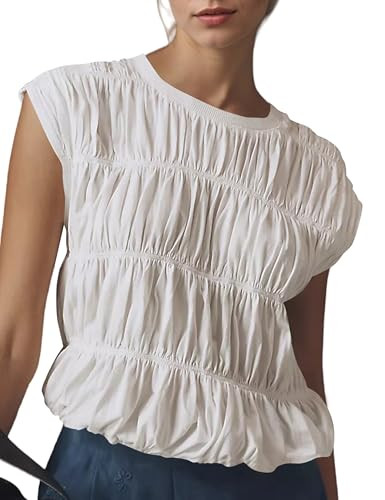MISSACTIVER Women's Cute Tiered Shirred Bubble Top Solid Casual Crew Neck Cap Sleeve Tank Top Babydoll Tee Shirt Blouse Tops White | Amazon (US)