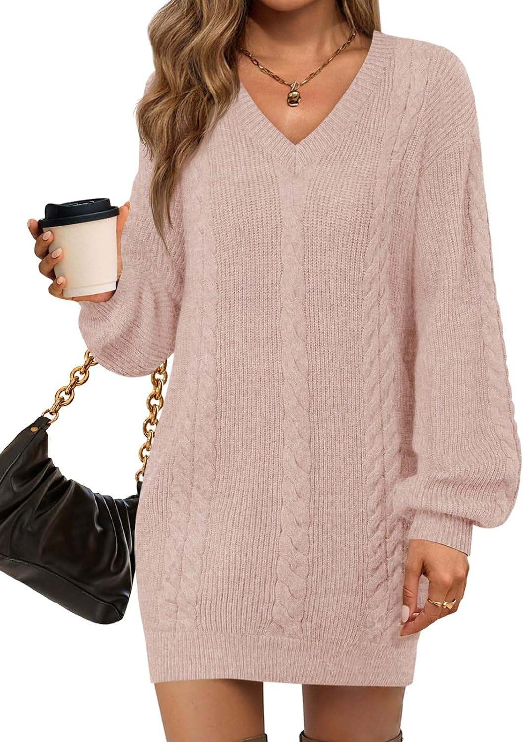 Saodimallsu Womens Oversized Mini Sweater Dress Casual V Neck Cable Knit Long Lantern Sleeve Fall Tunic Pullover Sweaters | Amazon (US)