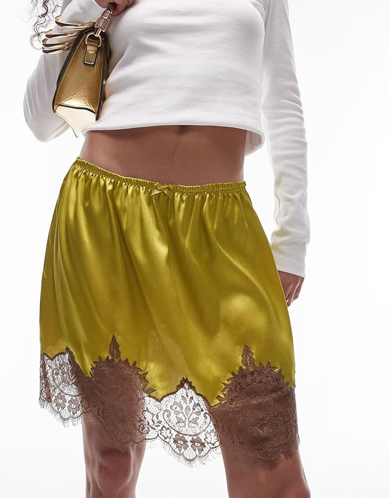 Amiblvowa Women Lace Satin Half Slips Skirts Low Rise Lace Trim Underskirts Flowy A Line Silky Sh... | Amazon (US)