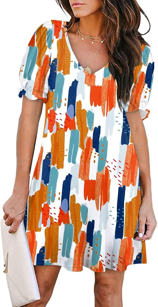 Aloodor Women's Casual Dresses Short Sleeve V-Neck Dress with Pockets | Amazon (US)