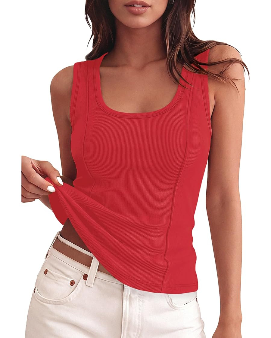 Tank Tops for Women Summer Sleeveless Tops Ribbed Slim Fitted Scoop Neck Basic Shirts Fashion Clo... | Amazon (US)
