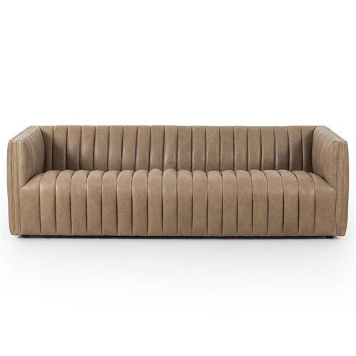 Leo Mid Century Modern Brown Upholstered Leather Tufted Sofa - Small - 88"W | Kathy Kuo Home