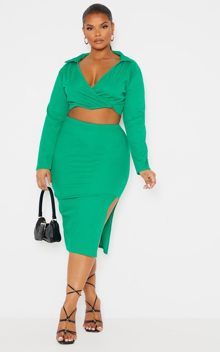 Plus Bright Green Rib Midi Skirt | PrettyLittleThing US