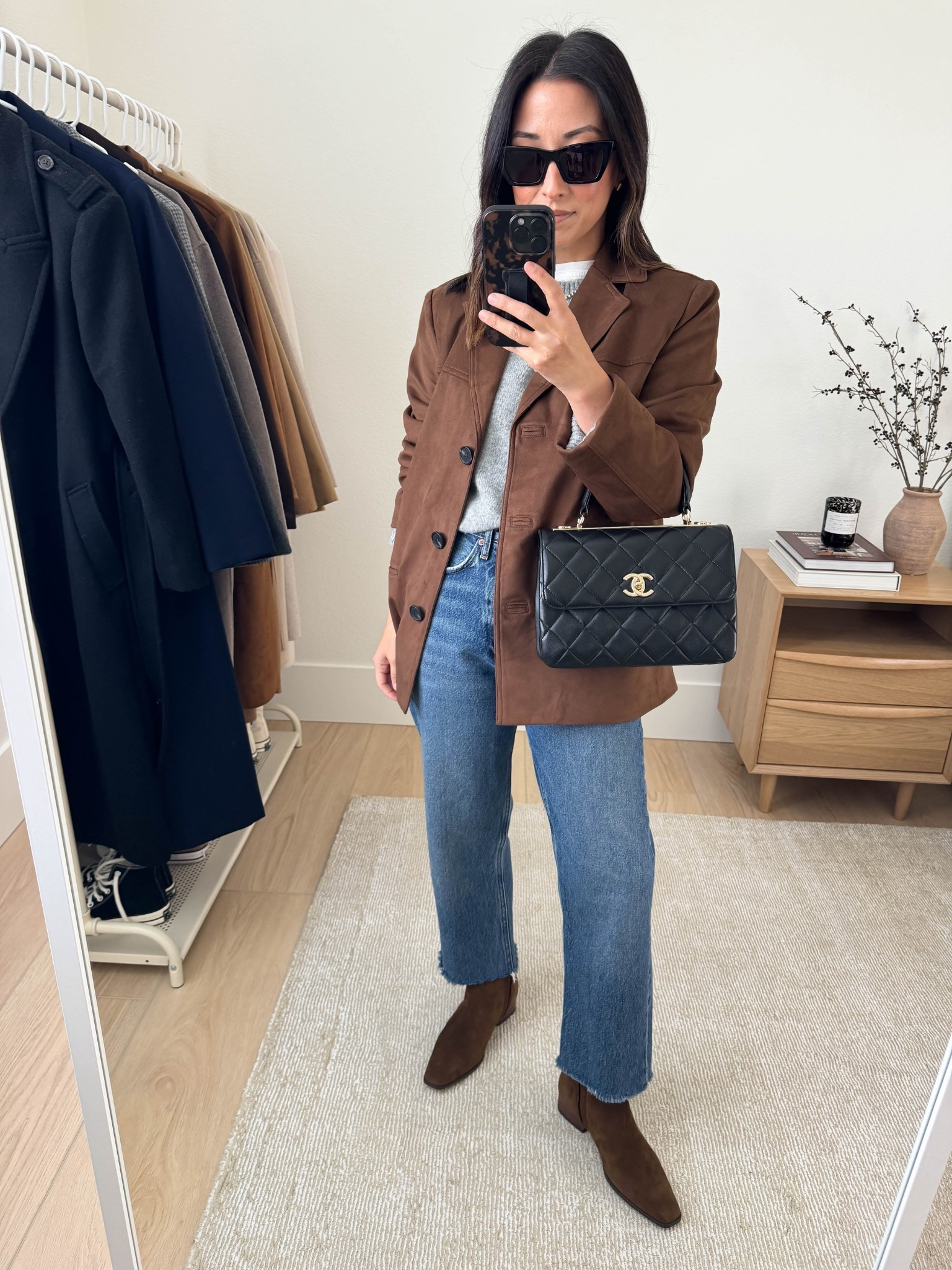 Outfit ideas with flat ankle boots.

Velvet blazer xs
Everlane cashmere sweater xs
Everlane box cut tee medium
AGOLDE loose straight jeans 25, cut hems
Steve Madden Dorothea boots 5.5
Chanel Trendy CC small
YSL sunglasses

Fall outfits, fall style, petite style  

#LTKHoliday #LTKPetite #LTKSeasonal
