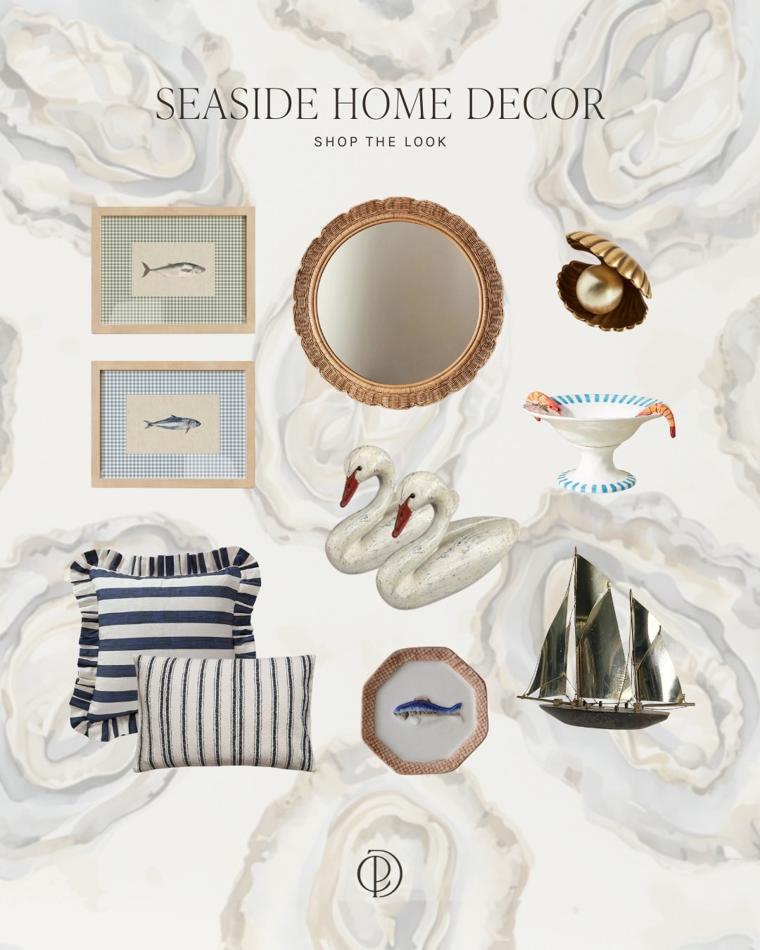 seaside | coastal | home decor | rattan | fish | oyster | prawns | nautical design | stripes | pillows | prints | brass | interior design | transitional design | home design | spring2025 | Etsy | Anthropologie | spoonflower 

#LTKstyletip #LTKgiftguide #LTKspring