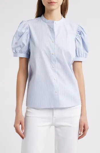 FRAME The Gathered Stripe Short Sleeve Button-Up Shirt in Light Chambray Multi at Nordstrom Rack, Size X-Large | Nordstrom Rack