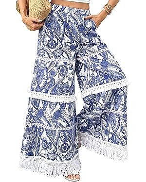 VBCVAE Women's Paisley Print Beach Vacation Travel Bohemian Pants Casual Trendy High Waist Wide L... | Amazon (US)