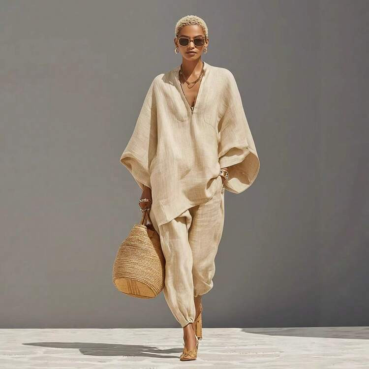2026 Spring/Summer Fashion Women's Casual Style Bat Sleeve V-Neck Loose-Fit Outfit | SHEIN
