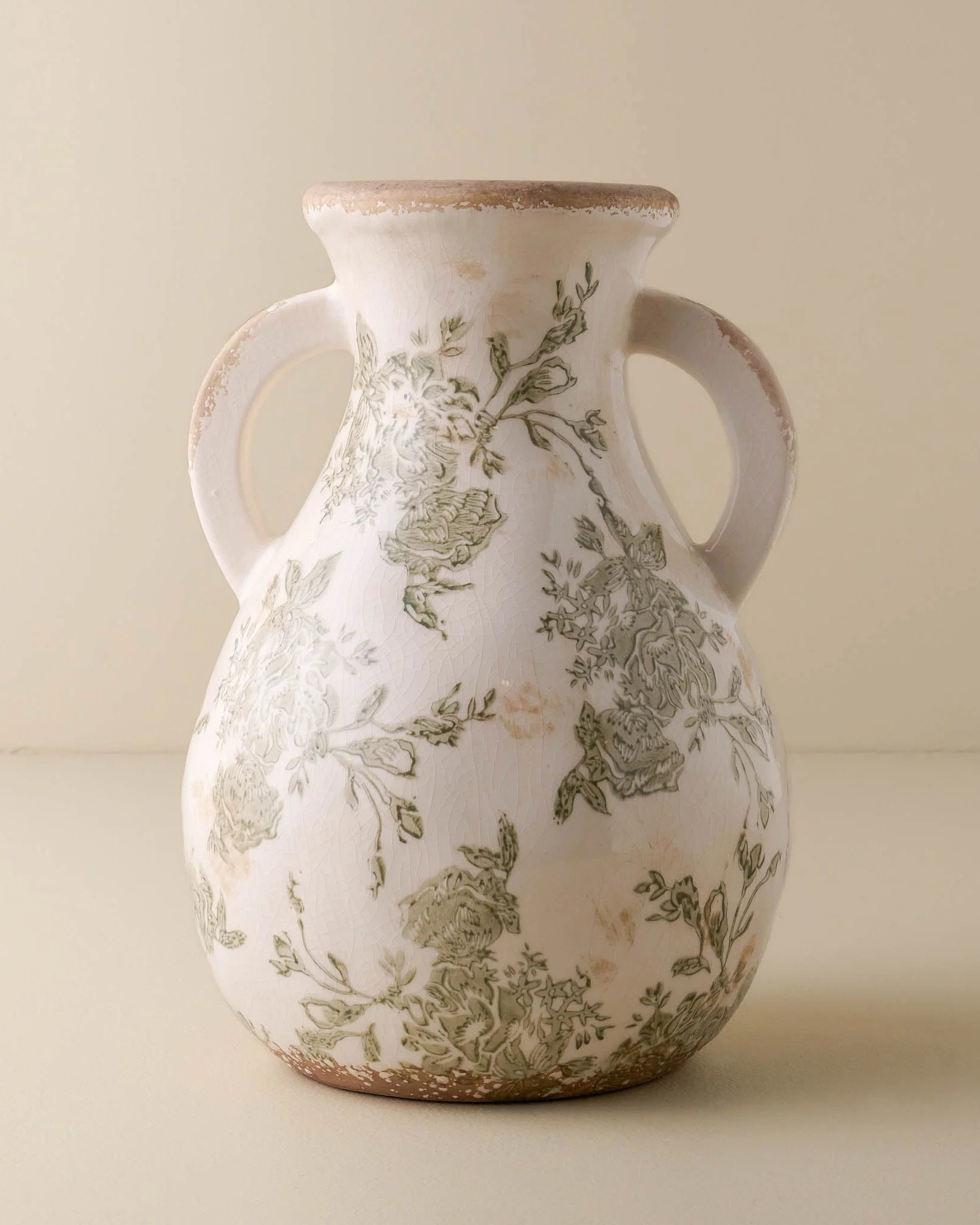 Green and White Distressed Vase with Handle | Magnolia