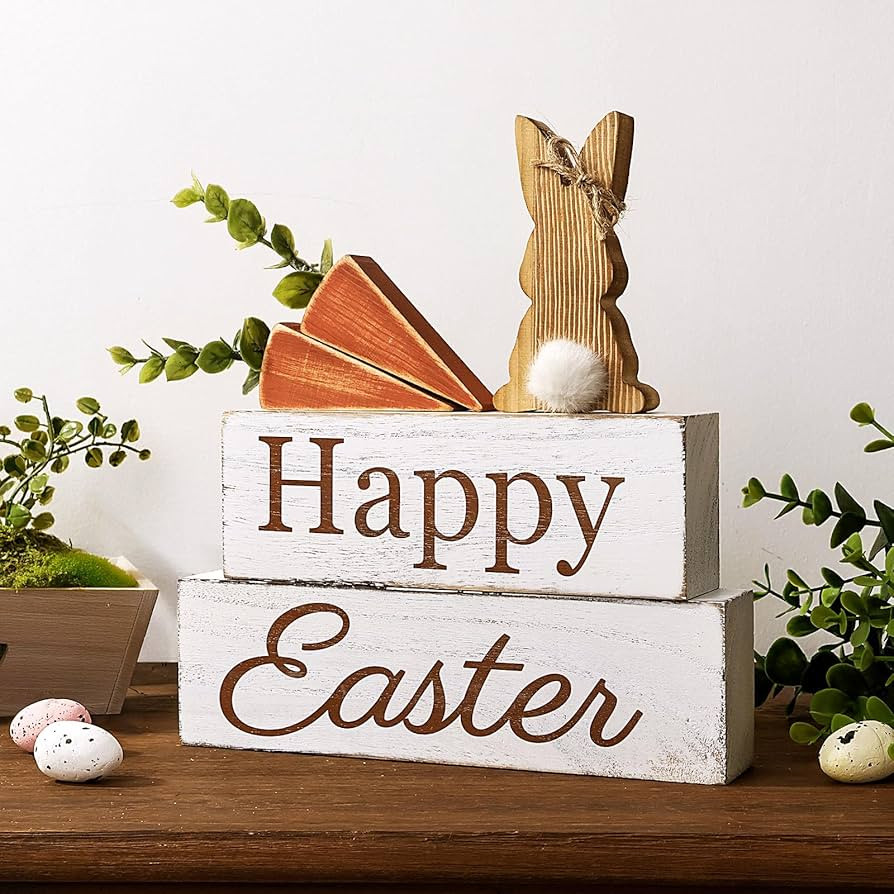 Easter Decorations: 5PCs Happy Rustic Easter Wooden Bunny Carrot Table Signs, Cute Carrots Bunny ... | Amazon (US)
