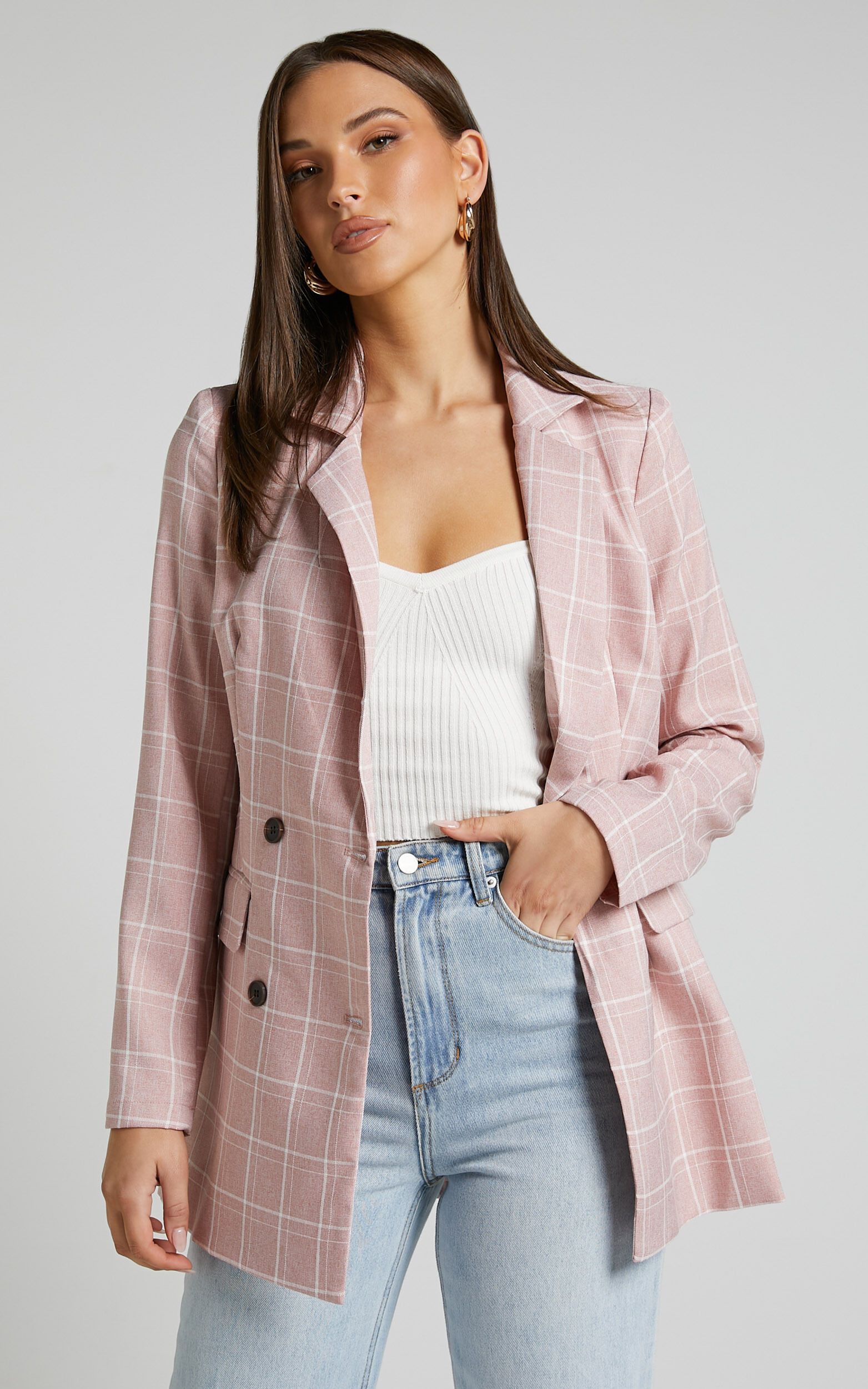 Sort It Out Blazer - Double Breasted Blazer in Blush Check | Showpo (US, UK & Europe)