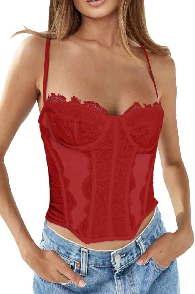 Dealmore Womens Lace Bustier Mesh Sexy Vintage Spaghetti Strap Open Back Boned Corset Going Out Party Crop Top | Amazon (US)