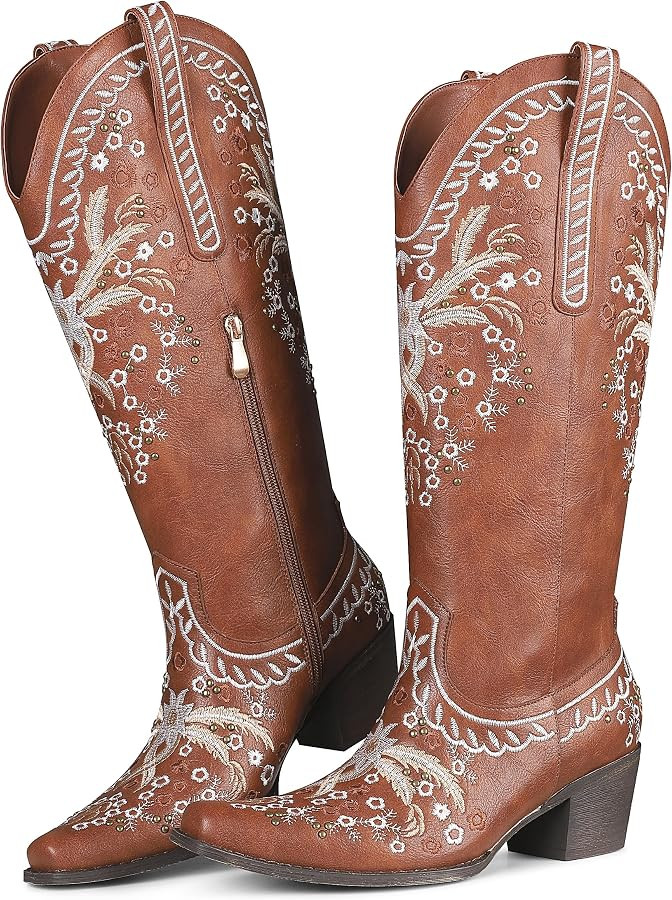Western Cowboy Boots Cowgirl Chunky Heel Mid Calf Boot Snip Toe Embroidery Riding Boots | Amazon (US)