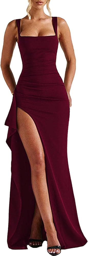Women Formal Dresses Sleeveless Bodycon Ruched High Slit Sexy Maxi Dress Cocktail Prom | Amazon (US)