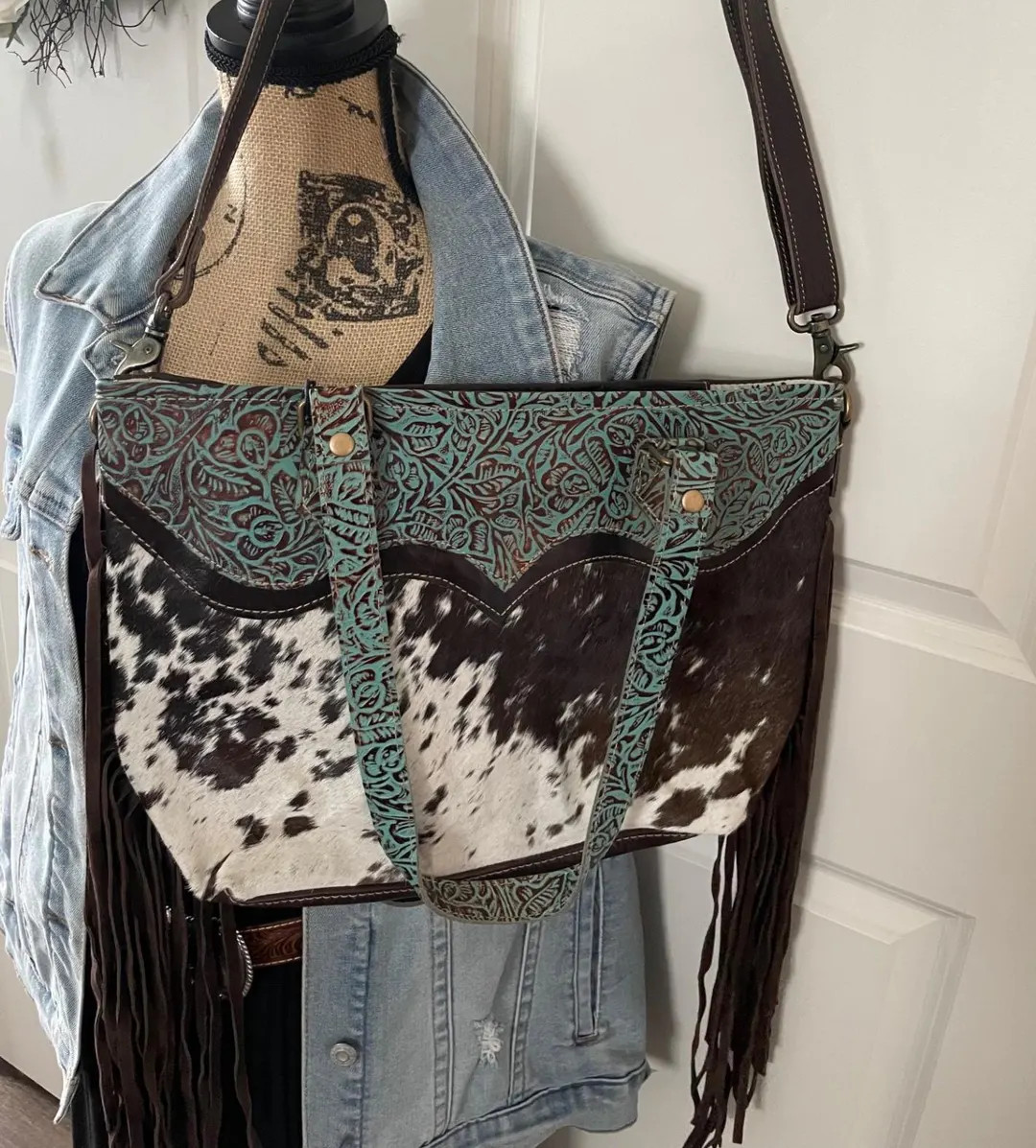 Leather Embossed Turquoise Hair on Hide Myra Bag Zapata - Etsy | Etsy (US)