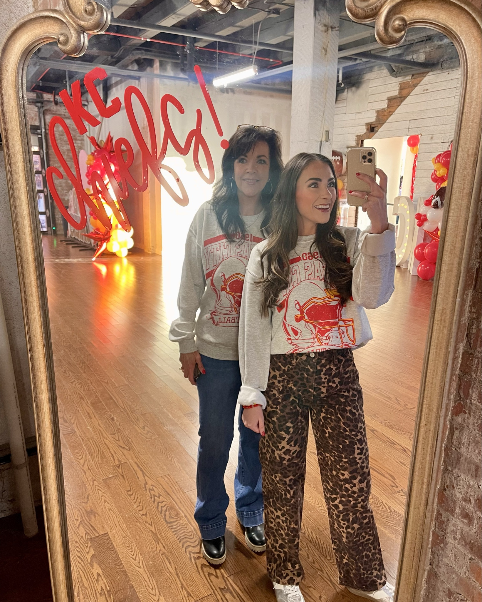 I don’t have enough fingers to count how many times I got asked about these leopard cheetah jeans— BUY THEM! They go with literally anything!!! 40% off right now, but I’d honestly still pay full price. That’s how cute. Size down, I’m wearing 25 Short. 
Abercrombie jeans | Kansas City chiefs outfit | comfy cute outfit | gameday outfit 

#LTKMostLoved #LTKSaleAlert #LTKMidsize