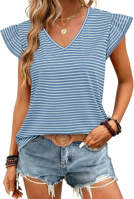 JUSTFASHIONNOW Womens Summer Ruffle Flutter Sleeve V Neck Tops, Soft Casual Striped Versatile Dre... | Amazon (US)