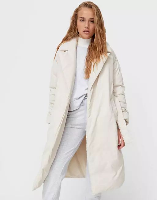 Stradivarius longline padded coat with belt in ecru | ASOS | ASOS (Global)