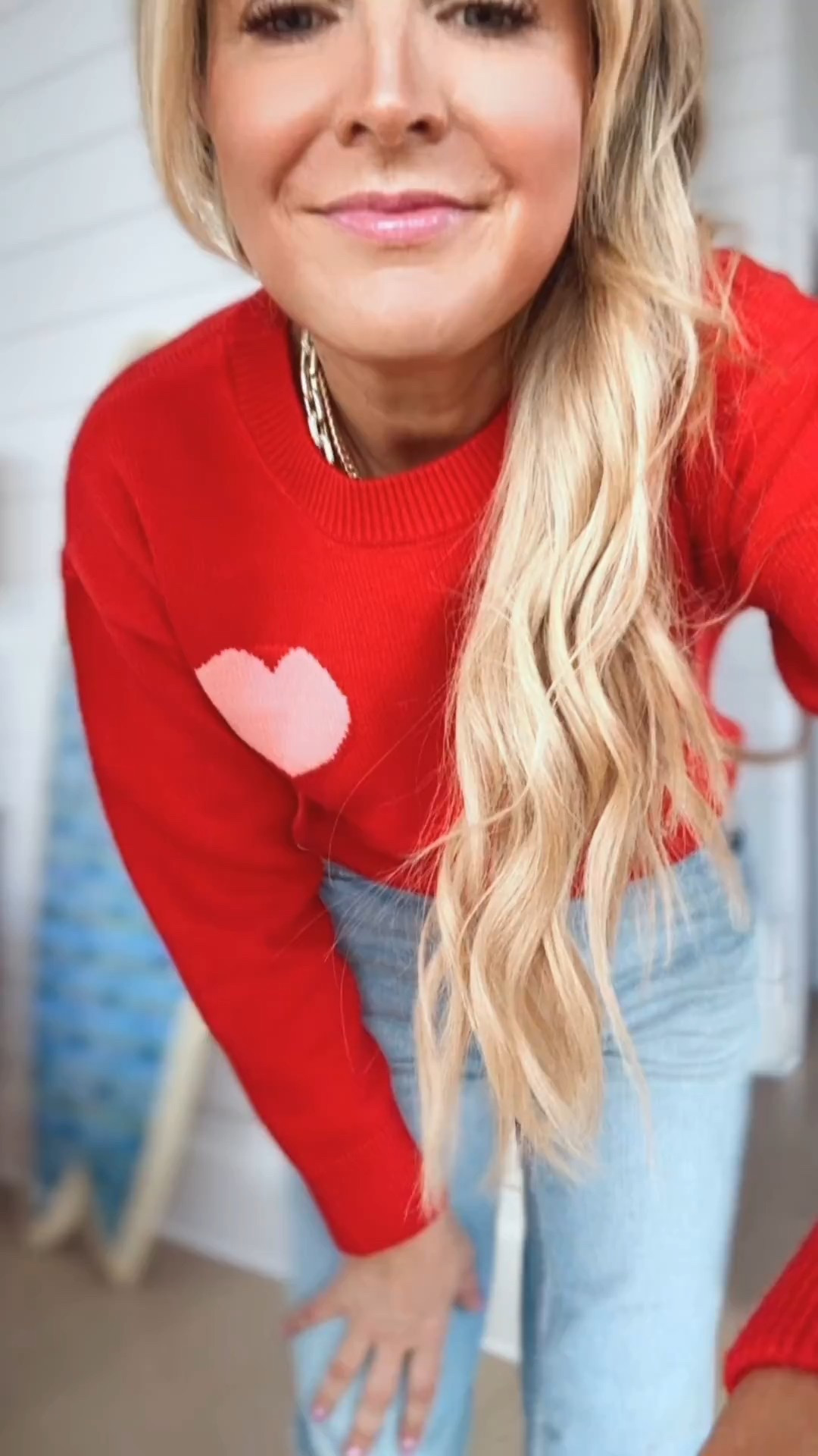 I’m in love with this sweater. It’s so cute perfect for Valentine’s Day but honestly, all of spring and summer would be cute with shorts white jeans all the things I’m wearing a size extra small. The jeans are target and they are a size 2.

#LTKmomlife #LTKootd #LTKSeasonal