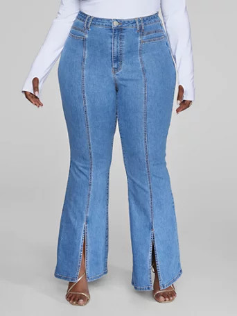 High Rise Flare Jeans with Front Slit - Fashion To Figure | Fashion to Figure