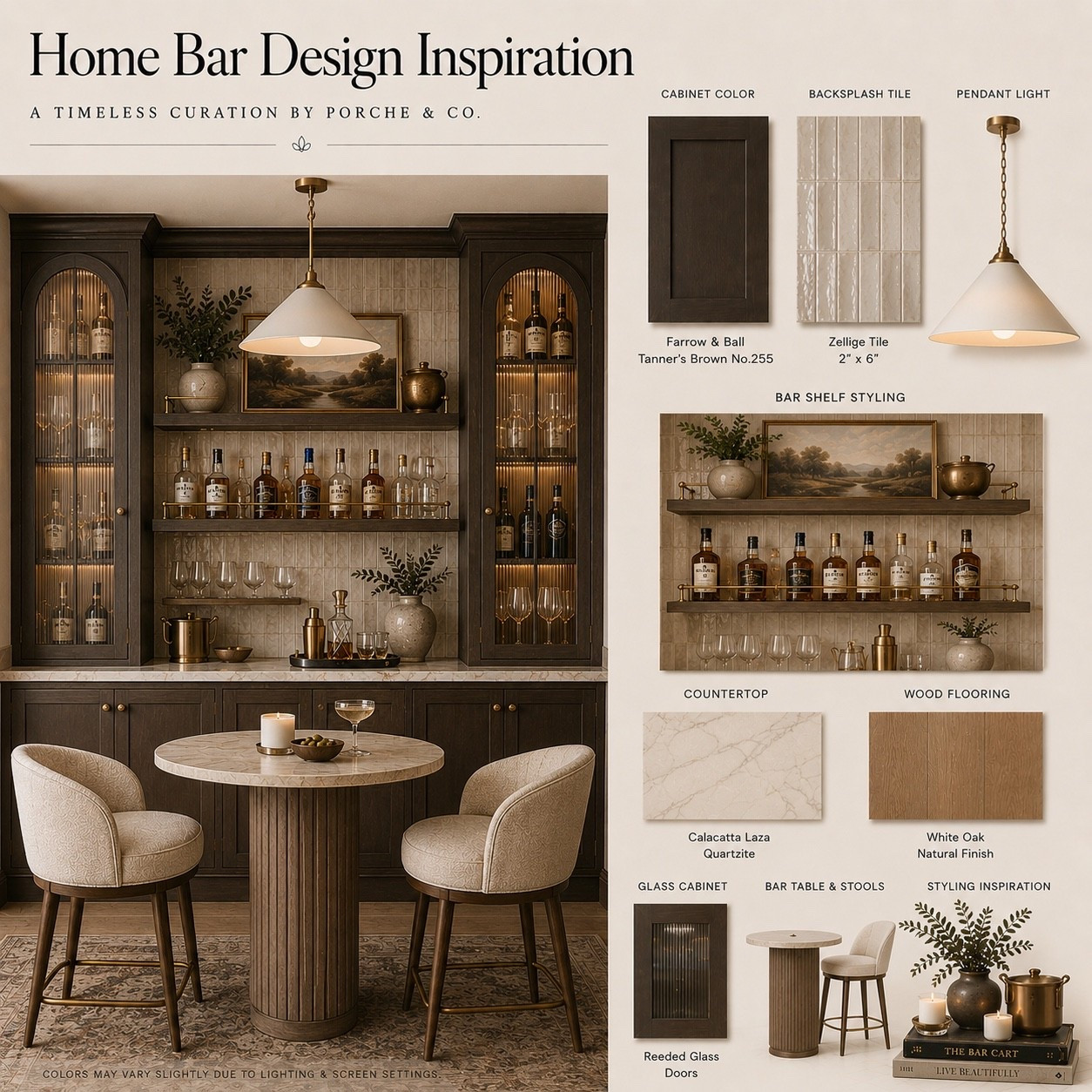 Rich espresso cabinetry, handcrafted zellige tile, and warm brass accents come together in this timeless home bar design. ✨

This home bar features deep stained cabinetry, textured zellige tile, Calacatta Laza quartzite countertops, white oak flooring, and elegant brass details for a refined modern traditional aesthetic that feels both inviting and sophisticated.

Featured finishes:
• Farrow & Ball Tanner’s Brown No.255 cabinetry
• Zellige 2” × 6” backsplash tile
• Calacatta Laza Quartzite countertops
• White Oak natural finish flooring
• Warm brass pendant lighting
• Reeded glass cabinet doors
• Fluted wood bar table
• Upholstered performance fabric bar stools
• Styled open shelving with layered décor
• Modern traditional home bar design
• Neutral home bar inspiration

A beautiful combination of rich textures, timeless materials, and thoughtfully curated details designed for gathering, entertaining, and everyday enjoyment. 🤍

#HomeBar #HomeBarDesign #BarDesign #HomeBarInspiration #TannersBrown #FarrowAndBall #ZelligeTile #CalacattaLaza #WhiteOak #ReededGlass #BrassLighting #ModernTraditional #TransitionalDesign #InteriorDesign #LuxuryInteriors #CustomCabinetry #NeutralInteriors #HomeDecor #HomeStyling #TimelessDesign #PorcheAndCo #DreamHome #EntertainingAtHome #InteriorInspiration #LuxuryHome #DesignDetails #HomeMoodBoard #LTKHome

#LTKHome #LTKvlog #LTKSeasonal