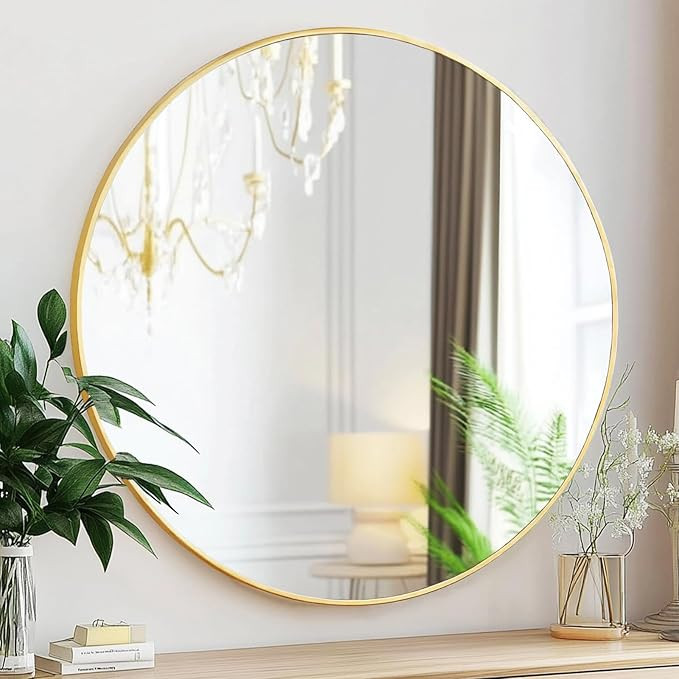 Gold Round Mirror, 24 inch Circle Mirror, Gold Brushed Metal Frame Bathroom Mirrors, Round Wall M... | Amazon (US)