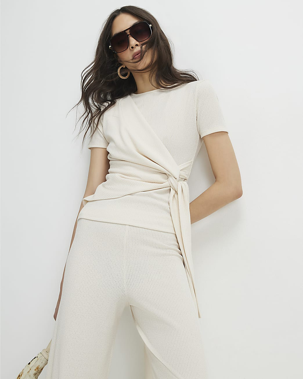 Cream Textured Knot Front Top | River Island UK & IE