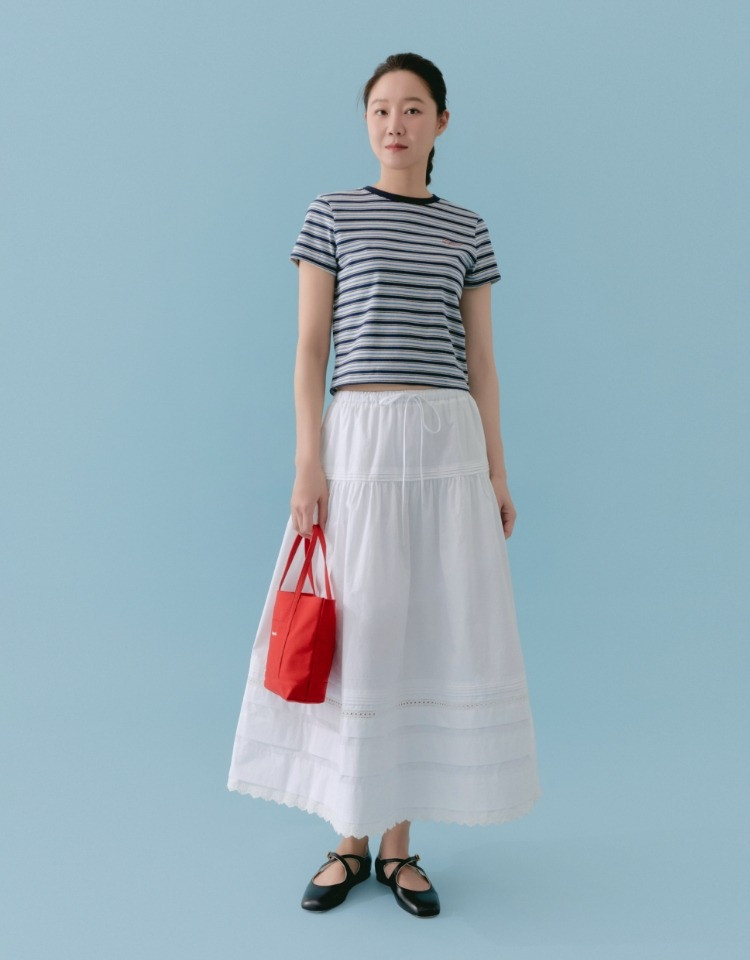 pintuck lace long skirt - white | Depound