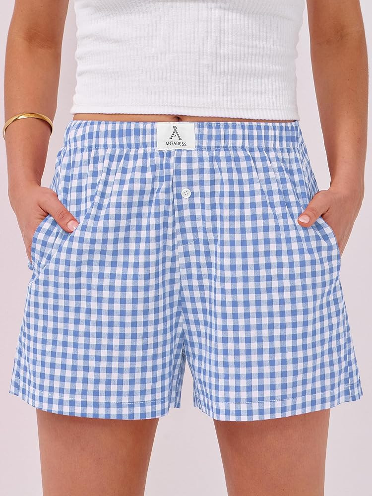 ANRABESS Boxer Shorts for Women Gingham Pajama 2026 Summer Casual Lounge Sleep Plaid Shorts Y2K B... | Amazon (US)