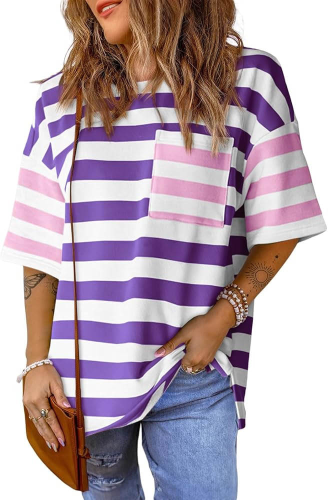 Womens Oversized Color Block Striped Tshirts Summer Casual Short Sleeve Tops Loose Fit Crew Neck ... | Amazon (US)