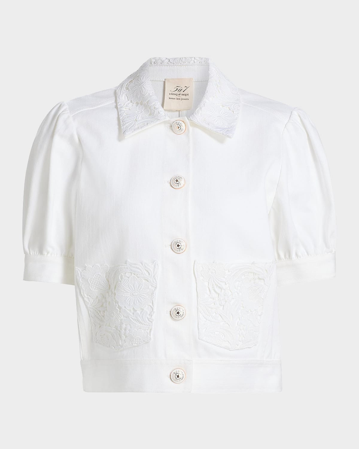 Short-Sleeve Lace Denim Jacket | Neiman Marcus