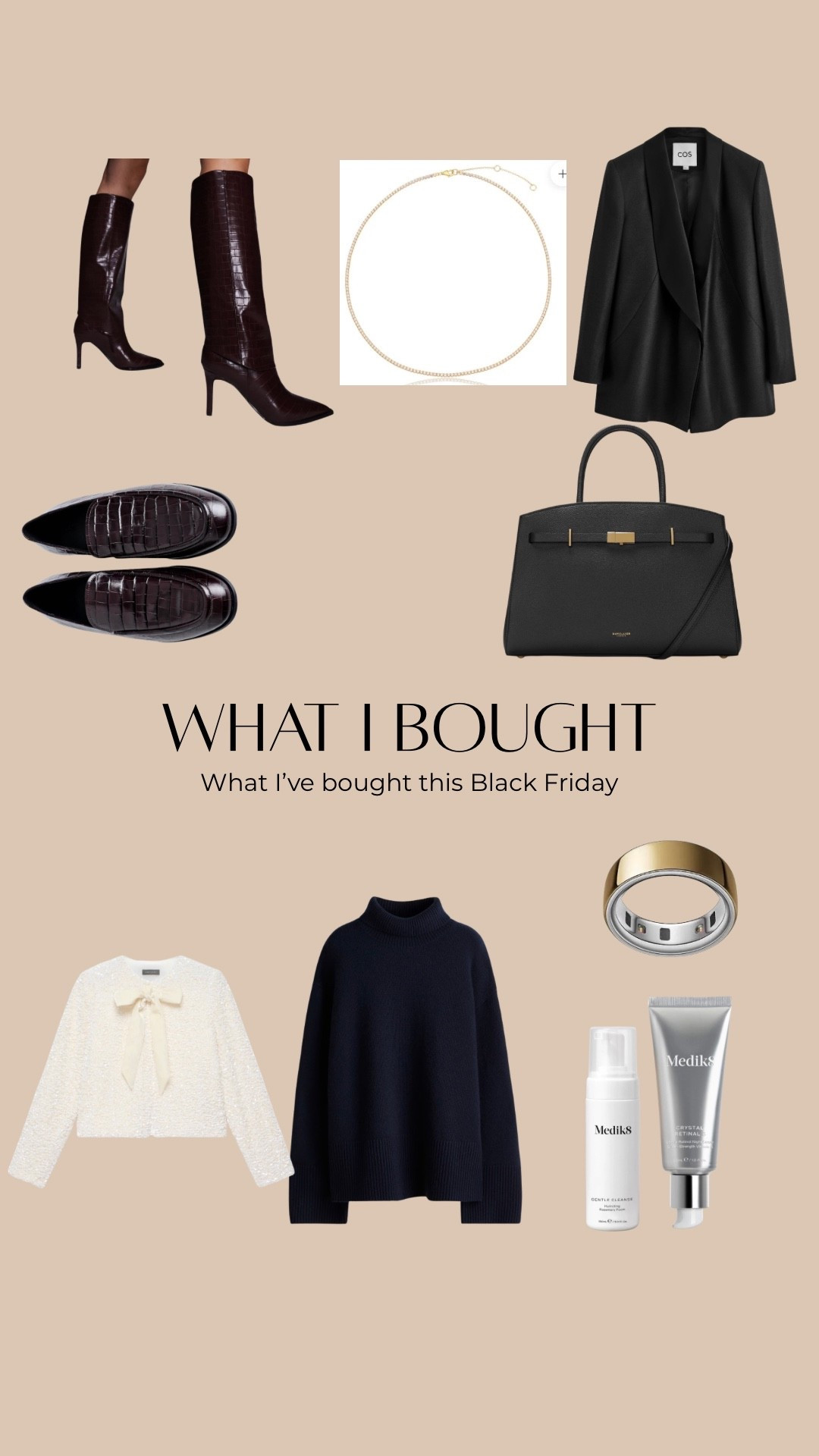 Burgundy knee-high boots, mock croc loafers, navy cashmere jumper, cashmere sweater, black work bag, black leather bag, black tuxedo jacket, smart black jacket, white sequinned tool, tennis necklacee

#LTKCyberWeek #LTKWorkwear #LTKSaleAlert