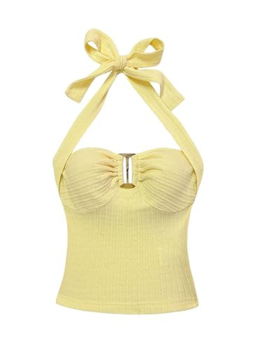 Milumia Women's Halter Top Ribbed Backless Ring Decor Knit Summer Going Out Tube Tops Yellow X-Large | Amazon (US)