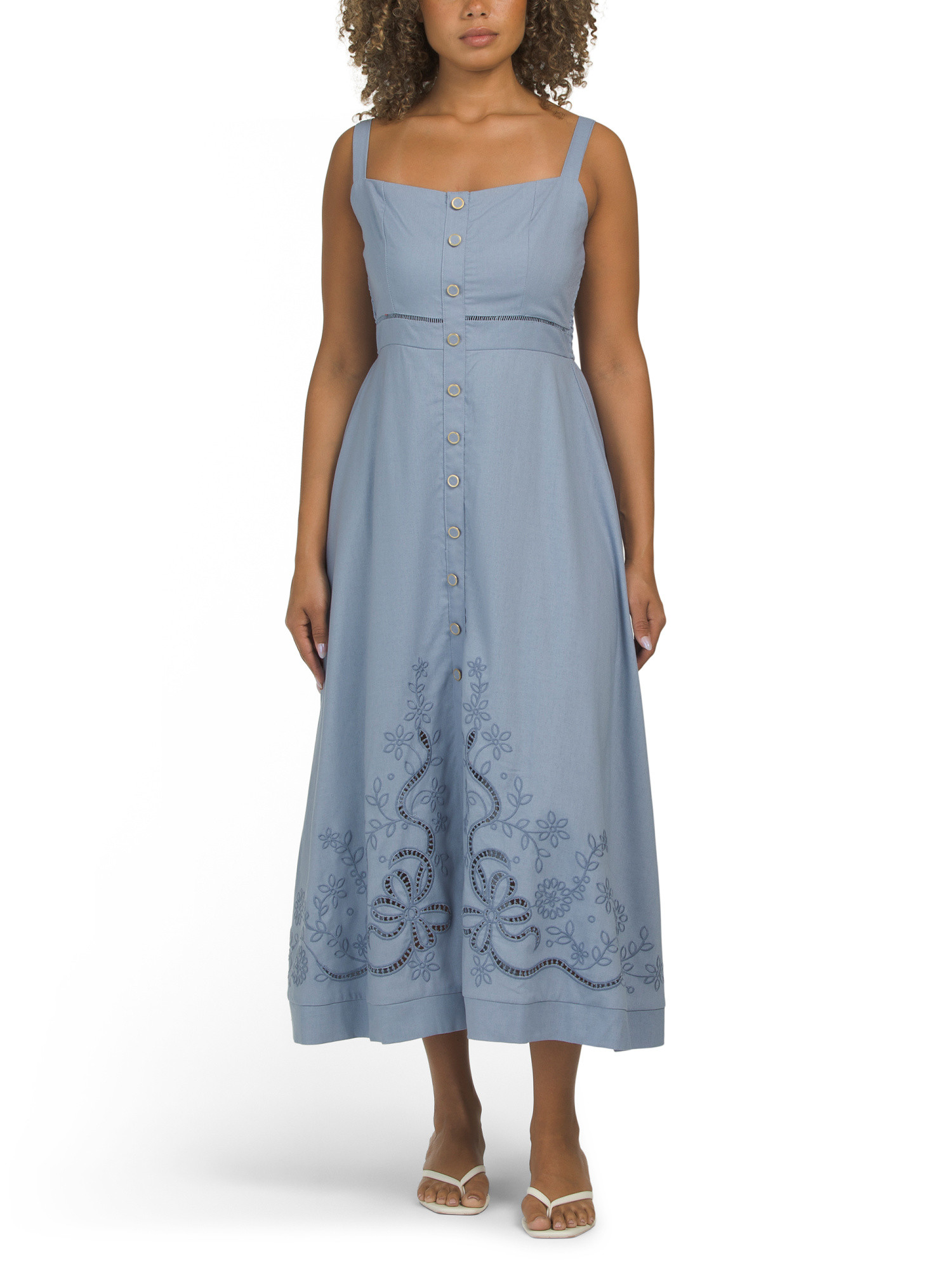Linen Blend Button Down Embroidery Dress | TJ Maxx