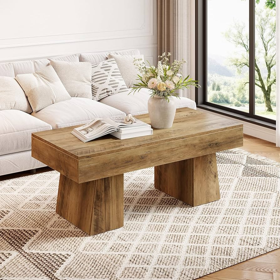 LITTLE TREE Farmhouse Coffee Table, 47 Inches Wooden Rectangular Accent Center Tables with Thick ... | Amazon (US)