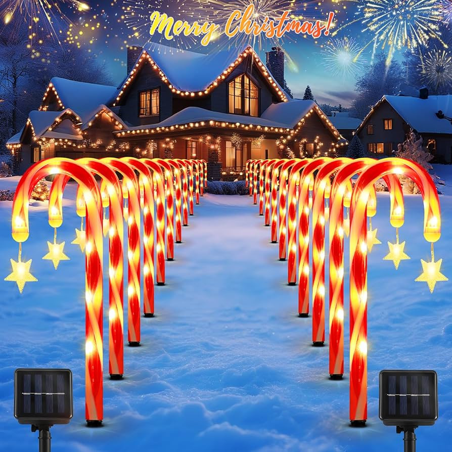 Lewondr 15" Solar Christmas Candy Cane Lights Outdoor, Pathway Stake Lights with 2 Modes, 216 LED... | Amazon (US)