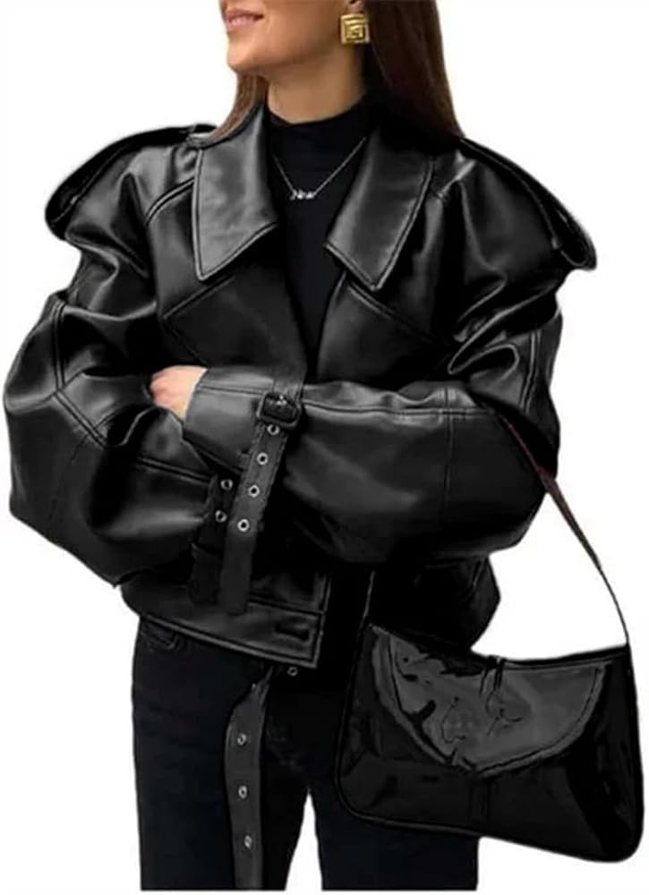 THLAI Womens PU Leather Jacket Long Sleeve Retro Collar Motorcycle Jacket Casual Coat | Amazon (US)
