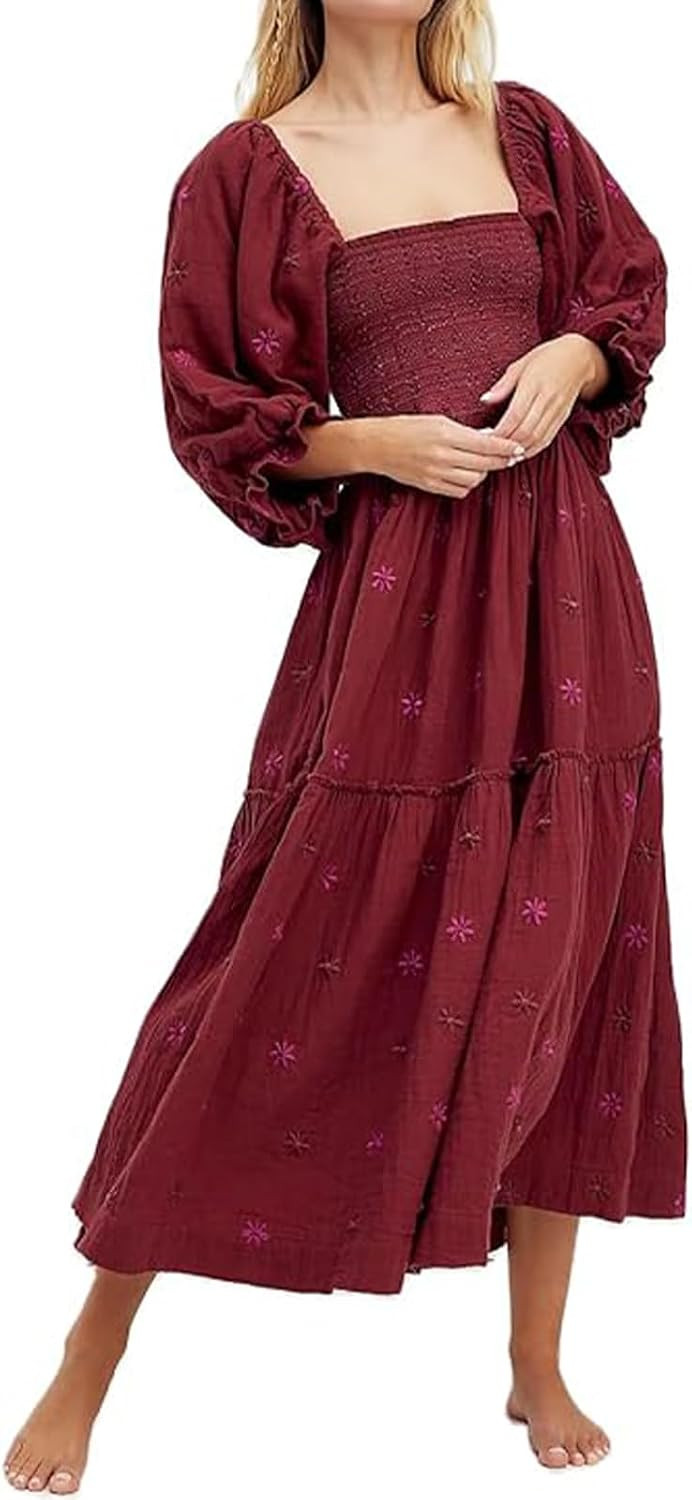 ABYOVRT Women Floral Embroidered Maxi Dress Long Puff Sleeve Square Neck Bohemian Flowy Dress with Pockets Summer Fall | Amazon (US)
