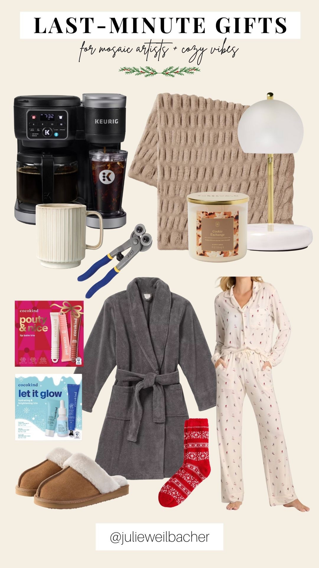 Last-minute gifts that feel thoughtful, cozy, and actually useful? Yes please. 🎄✨

This collection is all about comfort, self-care, and cozy creative vibes...the kind of gifts anyone would love, whether they’re a mosaic artist, a creative hobbyist, or just someone who enjoys slowing down during the holidays. Think warm socks and slippers, soft blankets, candles paired with a candle warmer, cute pajamas, and a spa-like robe that makes staying in feel like a luxury.

There’s also a coffee maker for hot and cold drinks (because caffeine is self-care), plus a small mosaic hand tool tucked in for the artists in your life. Perfect for home studios, creative corners, or anyone who dreams of staying in their jammies, wrapped in a cozy robe, getting lost in a relaxing project all day.

Easy wins for last-minute gifting...and honestly, a few solid “treat yourself” options too. 😉

For mosaic tips, tutorials, inspiration, and so much more please visit my YouTube channel: YouTube.com/julieweilbacher. Follow @julieweilbacher on Instagram for all things mosaic art.

#lastminutegifts #christmasgiftideas #cozygifts #selfcaregifts #holidaycomfort #cozyvibes #giftideasforher #holidaywishlist #christmascozy #winteressentials #homecomforts #loungewearlove #cuteholidaypajamas #candles #coffeemaker #slippers #beautysets #sparobe

#LTKselfcare #LTKHome #LTKGiftGuide