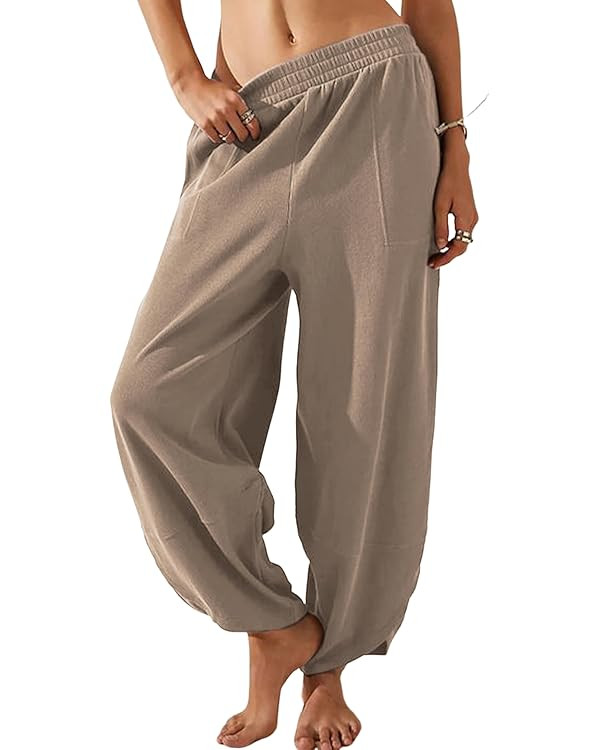 Springrain Womens Baggy Wide Leg Pants Cotton Elastic Waisted Loose Palazzo Harem Pants with Pock... | Amazon (US)