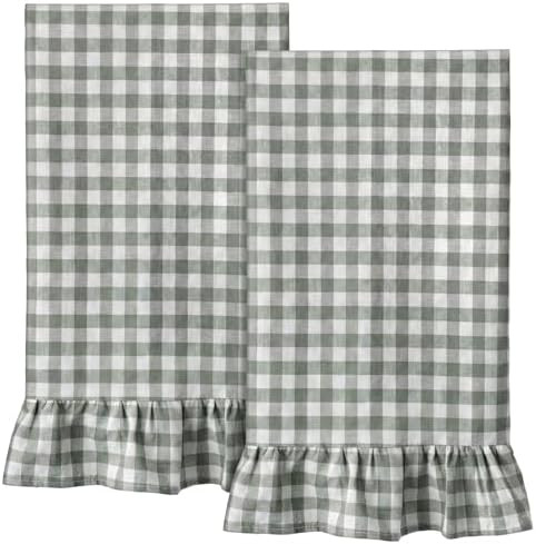 Sage Green Kitchen Towels Set of 2, 100% Cotton Ruffled Gingham Dish Towels 18"x28" Absorbent Tea... | Amazon (US)