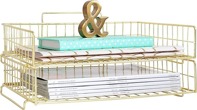 Blu Monaco Gold Desk Organizer Stackable Paper Tray Set of 2 - Metal Wire Two Tier Tray - Stackab... | Amazon (US)