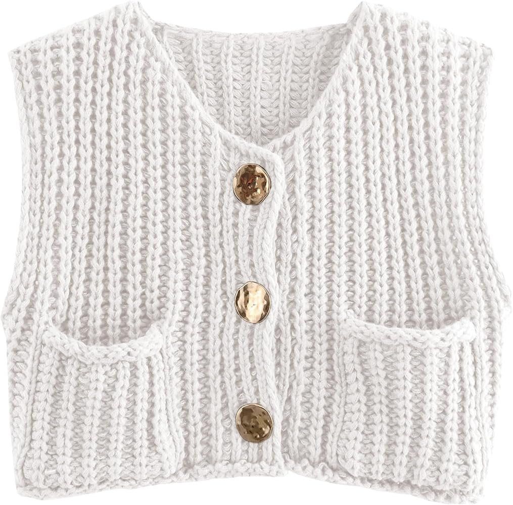 Women Sleeveless Knit Sweater Vest Crochet Chunky Button Down Cardigan Crop Vests Tops with Pocke... | Amazon (US)