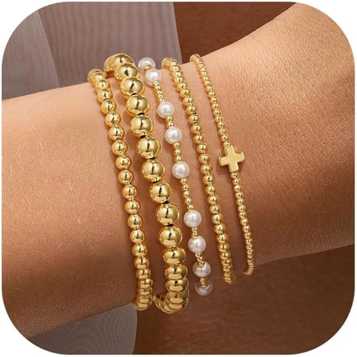 Yoosteel Gold Beaded Bracelets Set for Women Teen Girl Gifts Non Tarnish - 14K Gold Plated Dainty... | Amazon (US)
