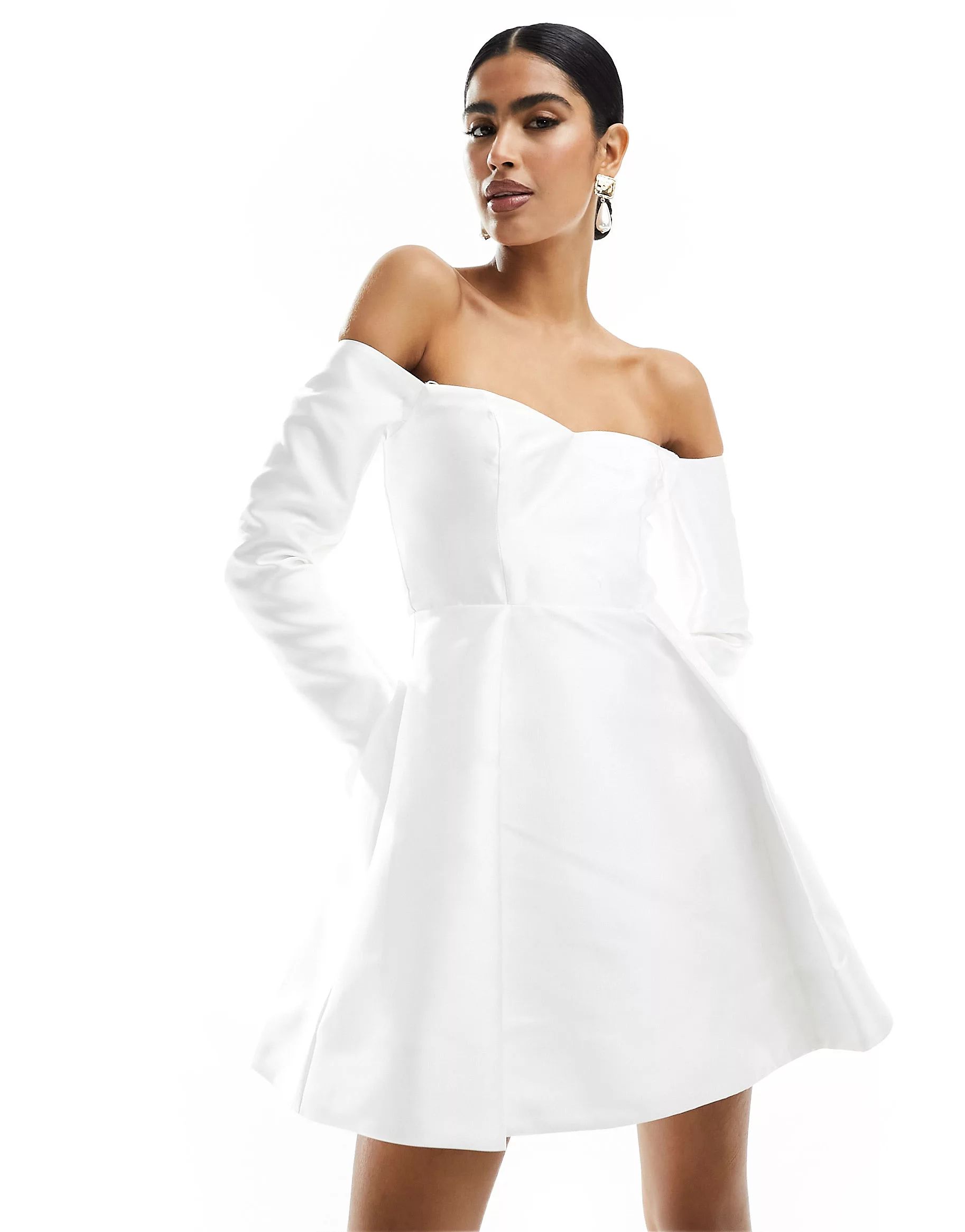 Forever New Bridal satin long sleeve mini dress in ivory | ASOS (Global)
