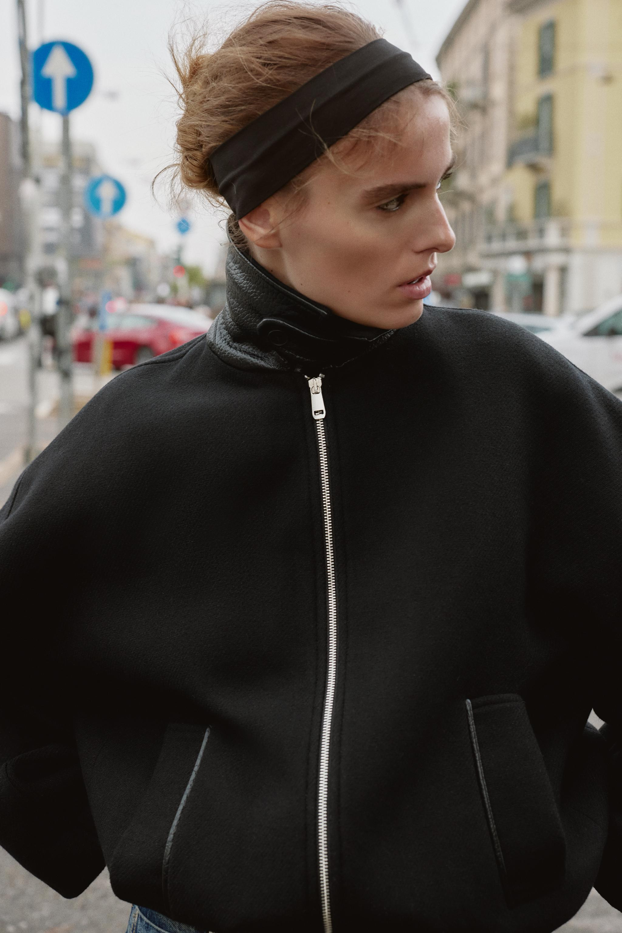 CONTRAST COLLAR WOOL BALLOON BOMBER JACKET | Zara US